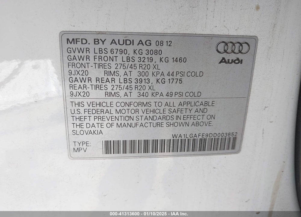 2013 AUDI Q7 3.0T PREMIUM VIN: WA1LGAFE9DD003652
