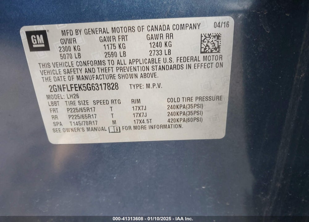 2016 CHEVROLET EQUINOX LT VIN: 2GNFLFEK5G6317828