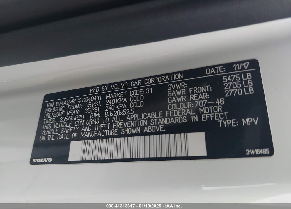 2018 VOLVO XC60 T6 INSCRIPTION VIN: YV4A22RLXJ1040411