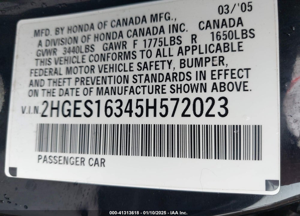 2005 HONDA CIVIC VP VIN: 2HGES16345H572023