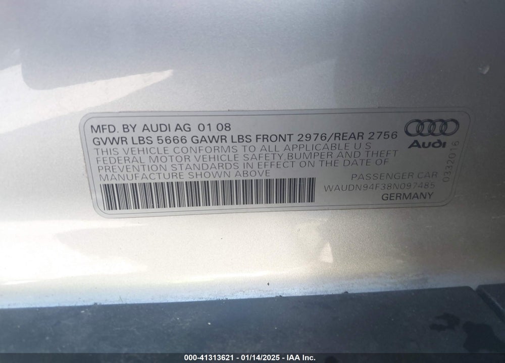 2008 AUDI S6 VIN: WAUDN94F38N097485