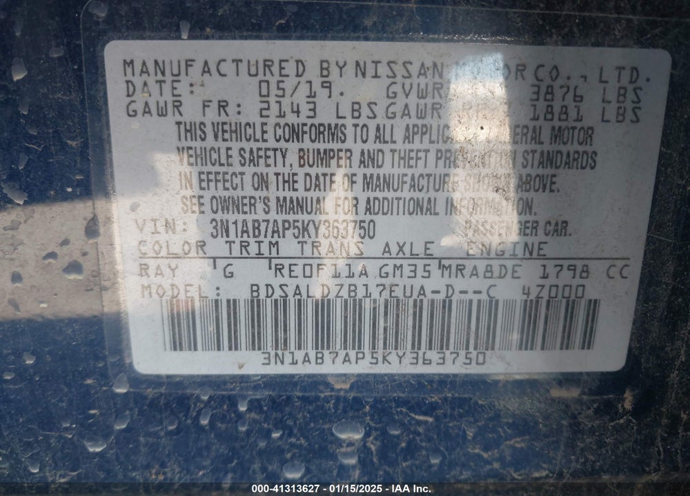 2019 NISSAN SENTRA VIN: 3N1AB7AP5KY363750