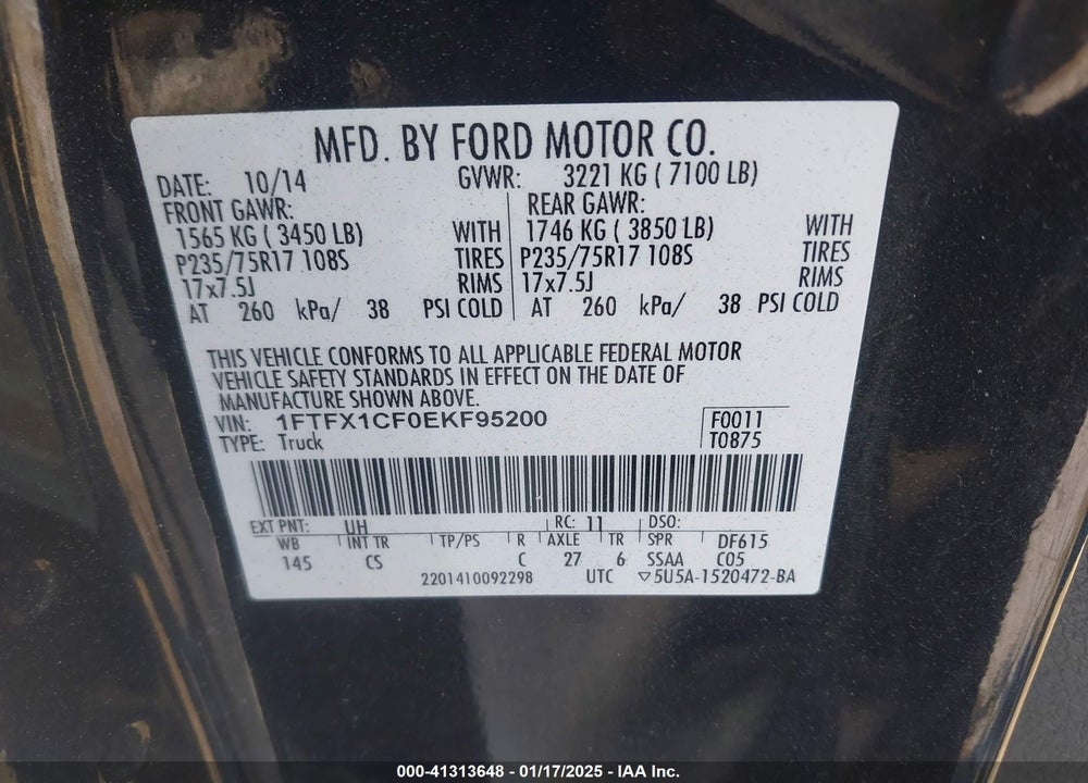 2014 FORD F-150 VIN: 1FTFX1CF0EKF95200