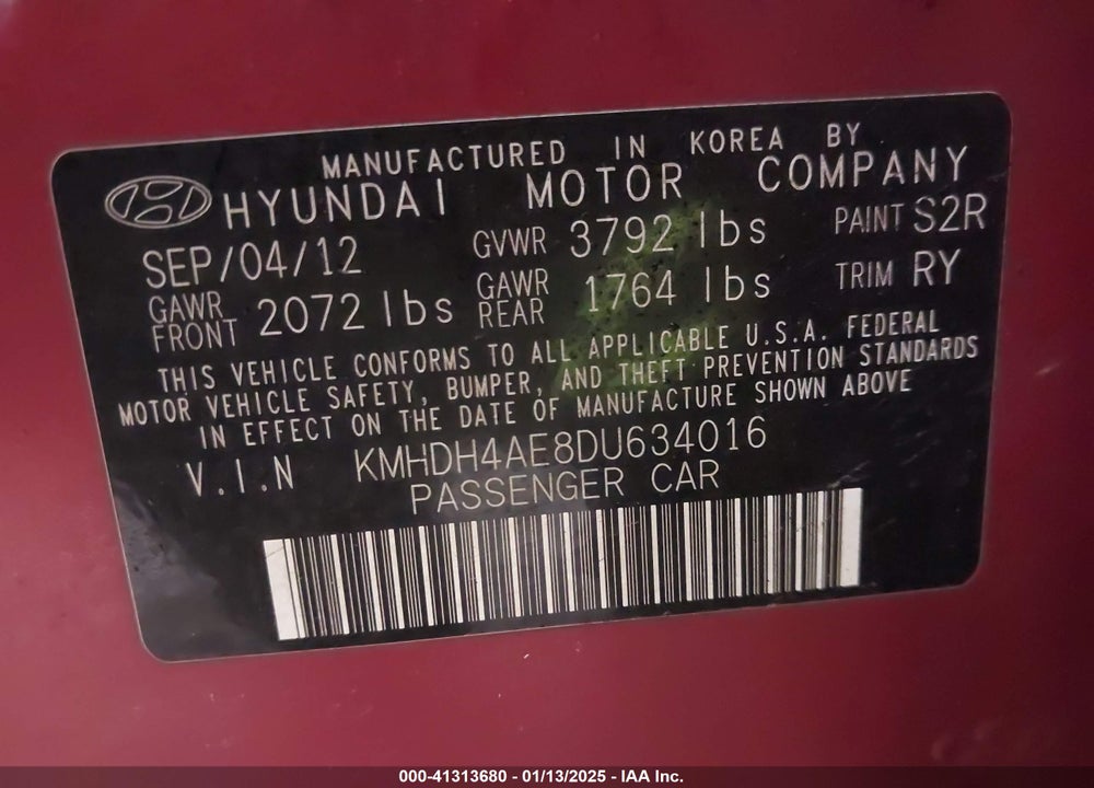 2013 HYUNDAI ELANTRA VIN: KMHDH4AE8DU634016