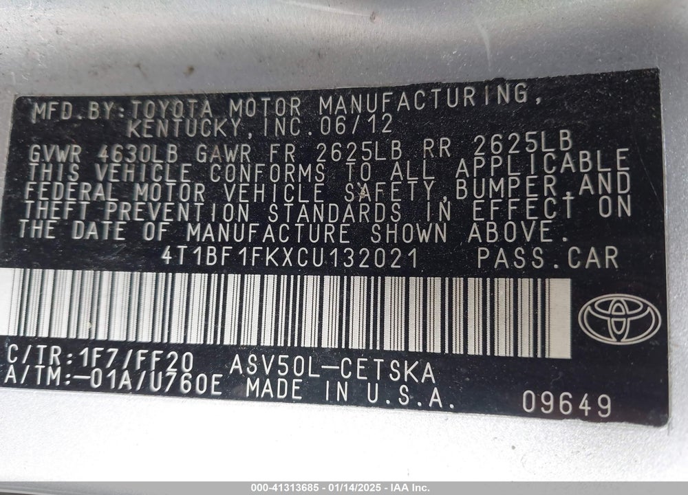 2012 TOYOTA CAMRY VIN: 4T1BF1FKXCU132021