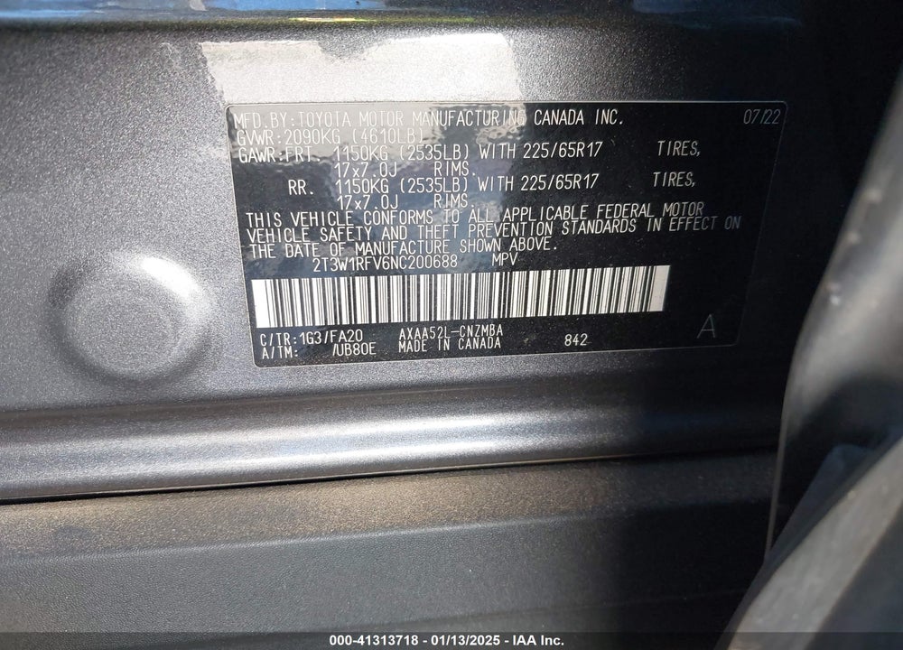 2022 TOYOTA RAV4 XLE VIN: 2T3W1RFV6NC200688