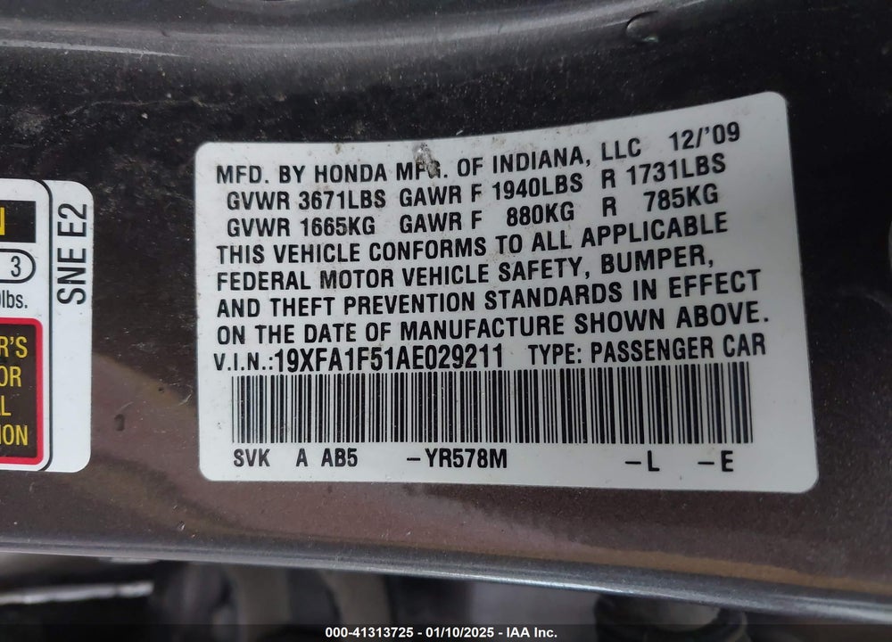 2010 HONDA CIVIC VIN: 19XFA1F51AE029211