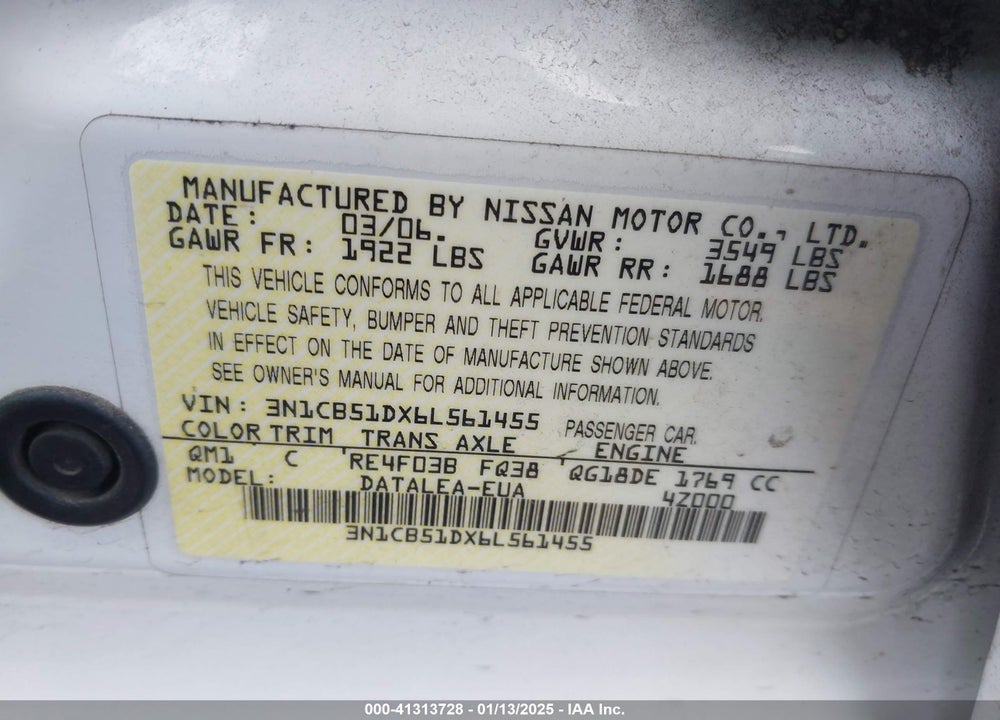 2006 NISSAN SENTRA 1.8S VIN: 3N1CB51DX6L561455