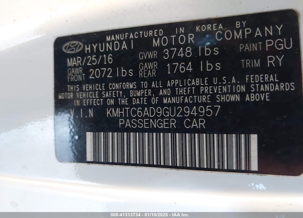 2016 HYUNDAI VELOSTER VIN: KMHTC6AD9GU294957