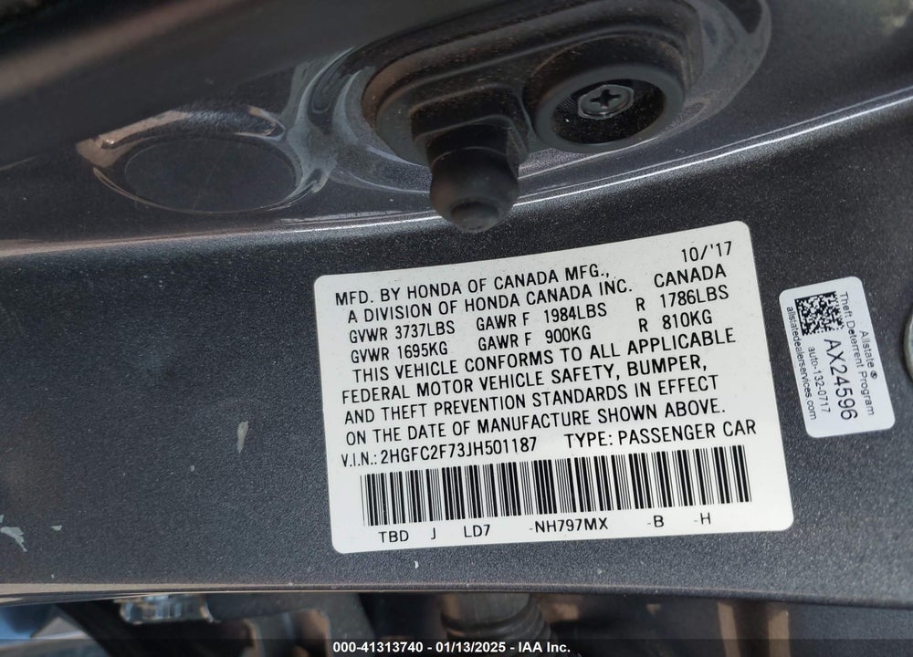 2018 HONDA CIVIC VIN: 2HGFC2F73JH501187