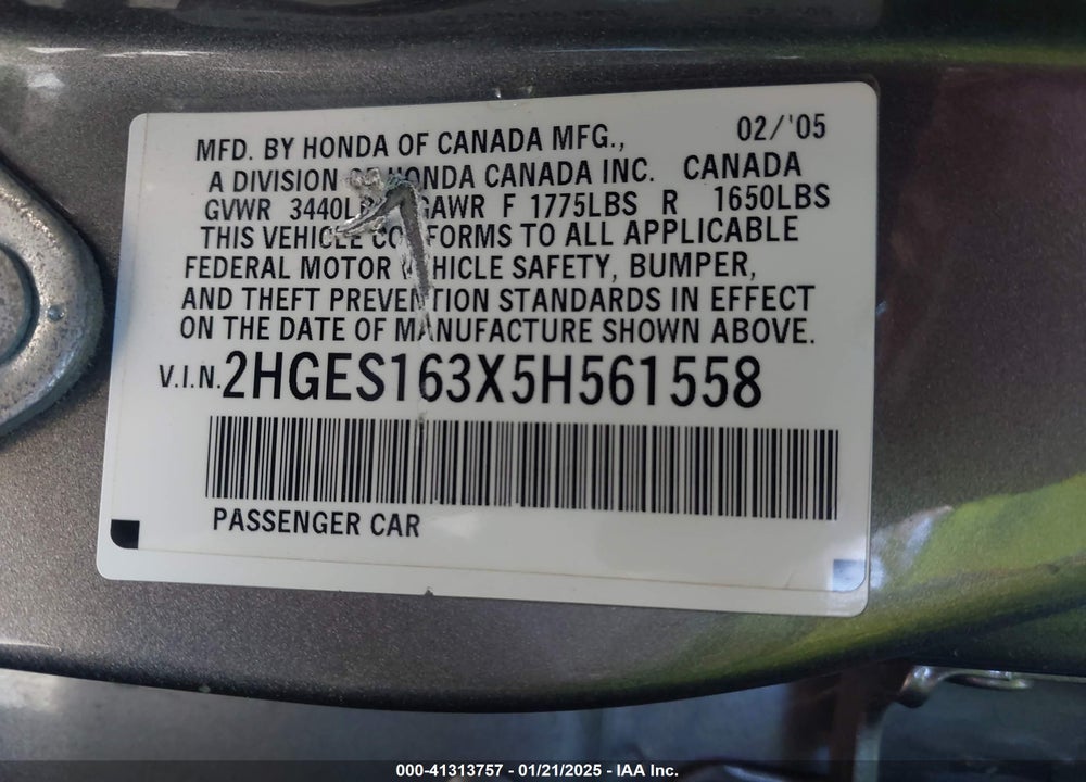 2005 HONDA CIVIC VP VIN: 2HGES163X5H561558