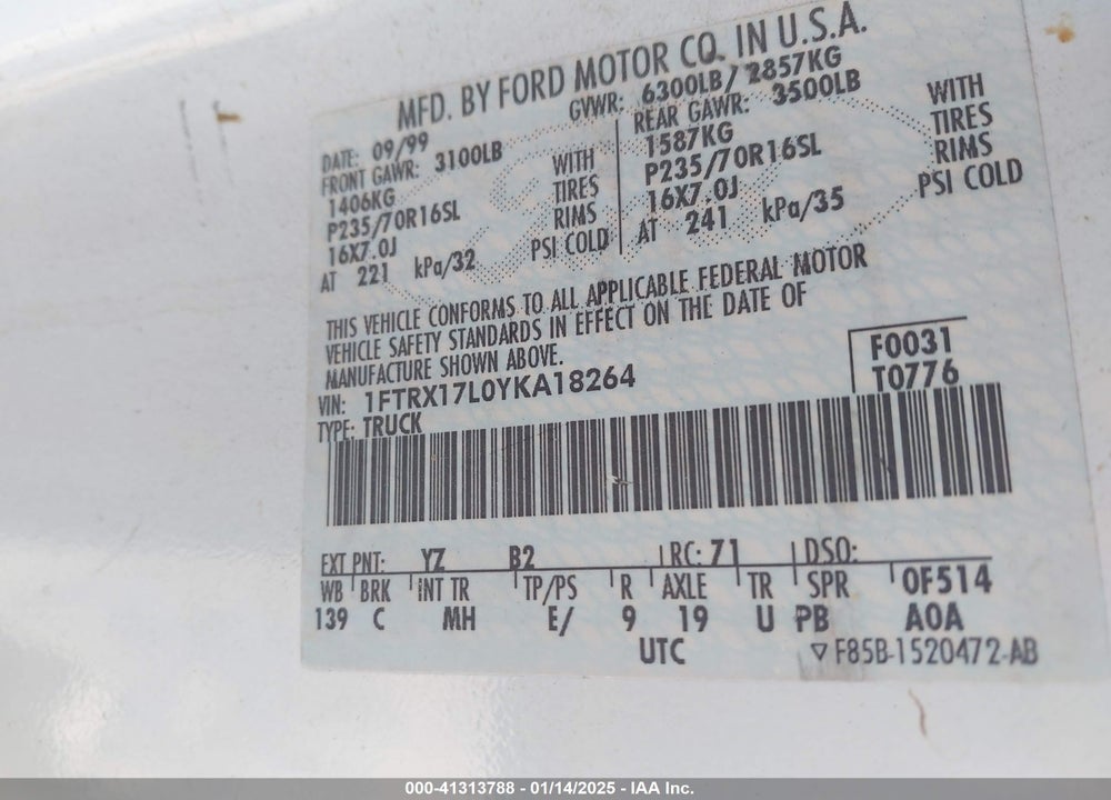 2000 FORD F-150 LARIAT/WORK SERIES/XL/XLT VIN: 1FTRX17L0YKA18264