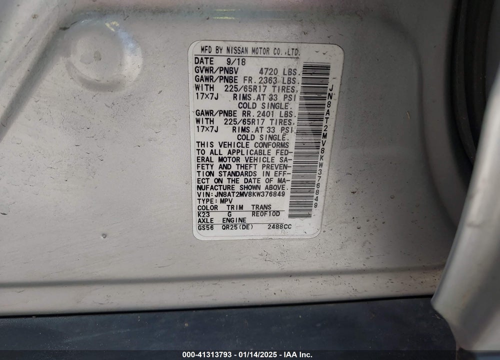 2019 NISSAN ROGUE SV VIN: JN8AT2MV8KW376849