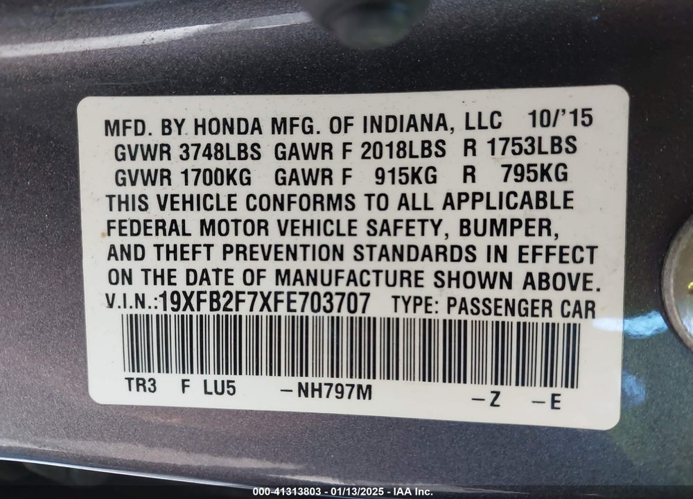 2015 HONDA CIVIC VIN: 19XFB2F7XFE703707