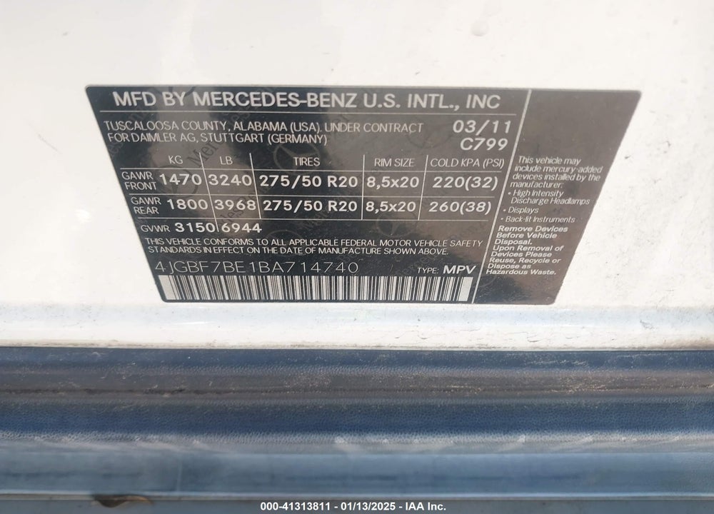 2011 MERCEDES-BENZ GL 450 4MATIC VIN: 4JGBF7BE1BA714740