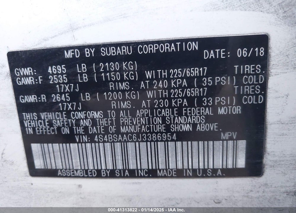 2018 SUBARU OUTBACK 2.5I VIN: 4S4BSAAC6J3386954