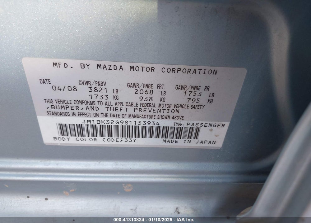 2008 MAZDA MAZDA3 VIN: JM1BK32G981153934