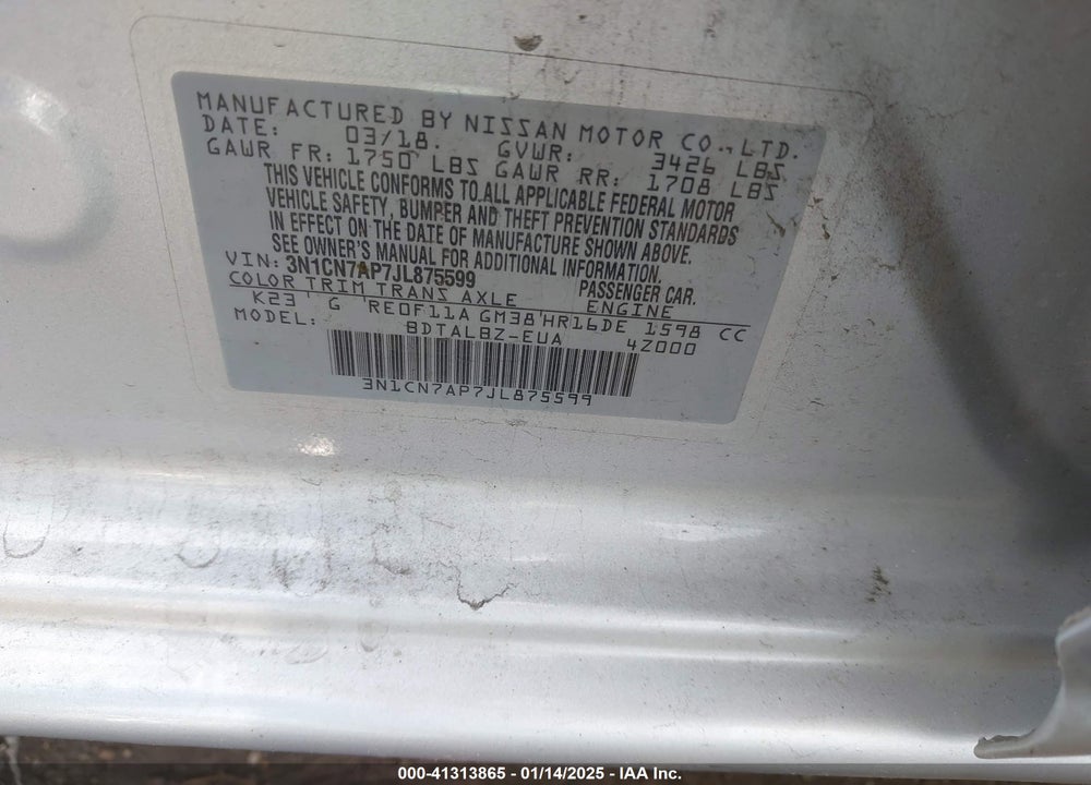 2018 NISSAN VERSA VIN: 3N1CN7AP7JL875599