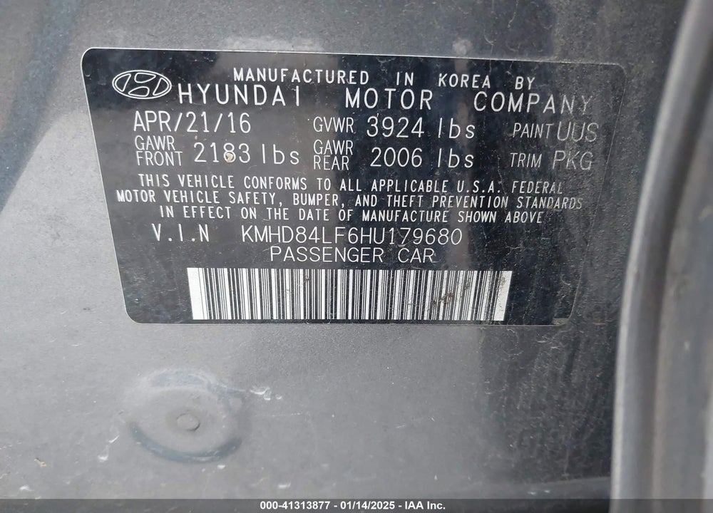 2017 HYUNDAI ELANTRA VIN: KMHD84LF6HU179680