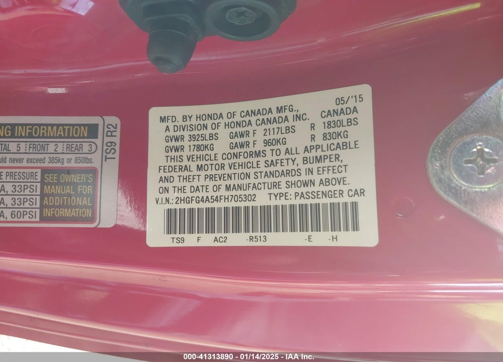 2015 HONDA CIVIC VIN: 2HGFG4A54FH705302