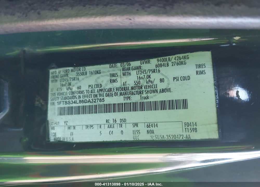 2006 FORD E-350 SUPER DUTY COMMERCIAL/RECREATIONAL VIN: 1FTSS34L86DA32785