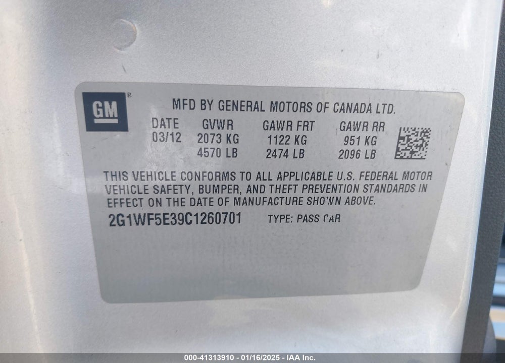 2012 CHEVROLET IMPALA VIN: 2G1WF5E39C1260701