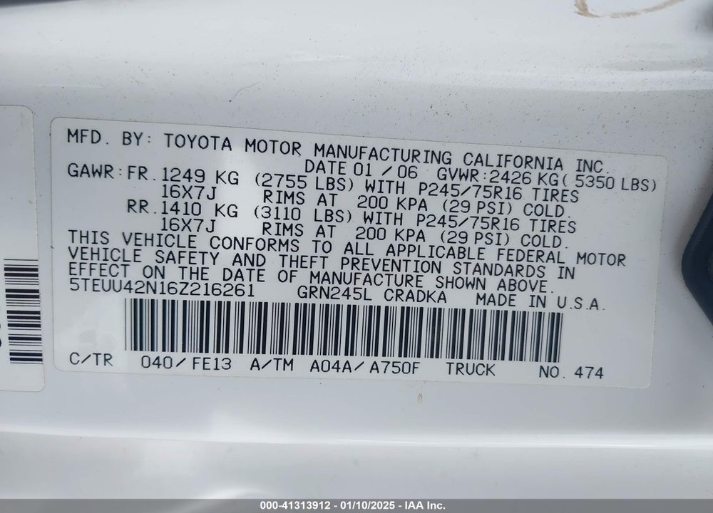 2006 TOYOTA TACOMA BASE V6 VIN: 5TEUU42N16Z216261