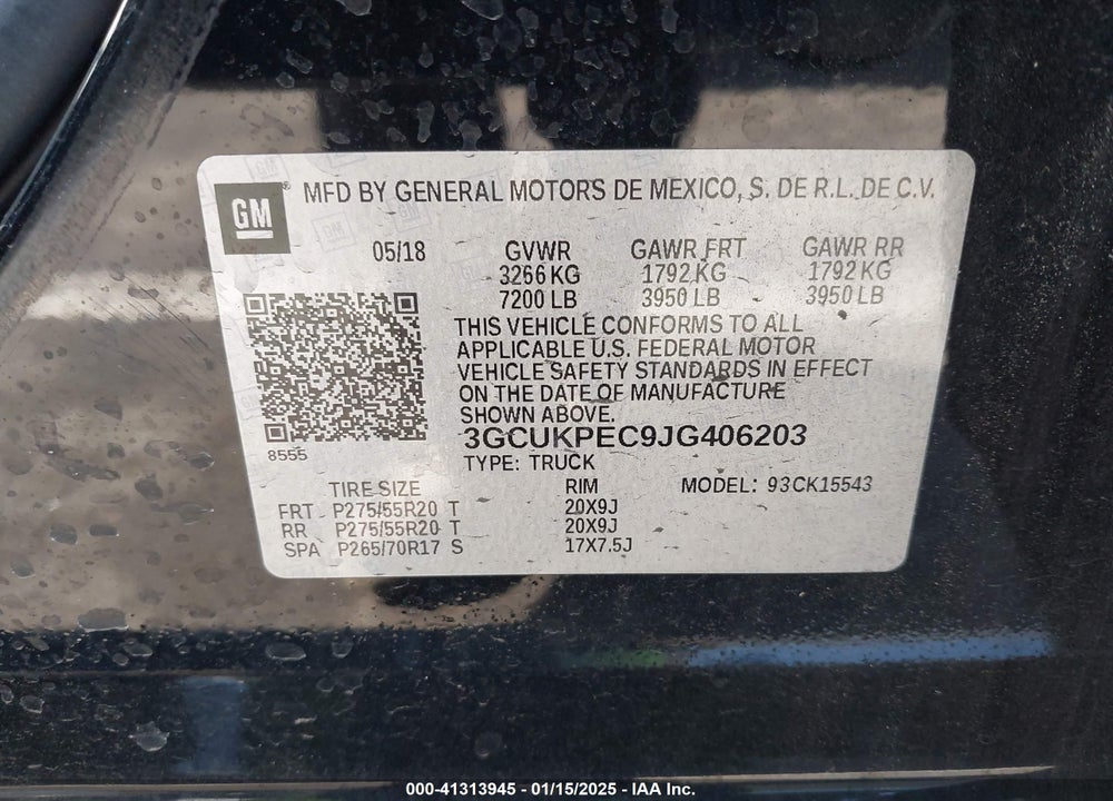2018 CHEVROLET SILVERADO 1500 VIN: 3GCUKPEC9JG406203