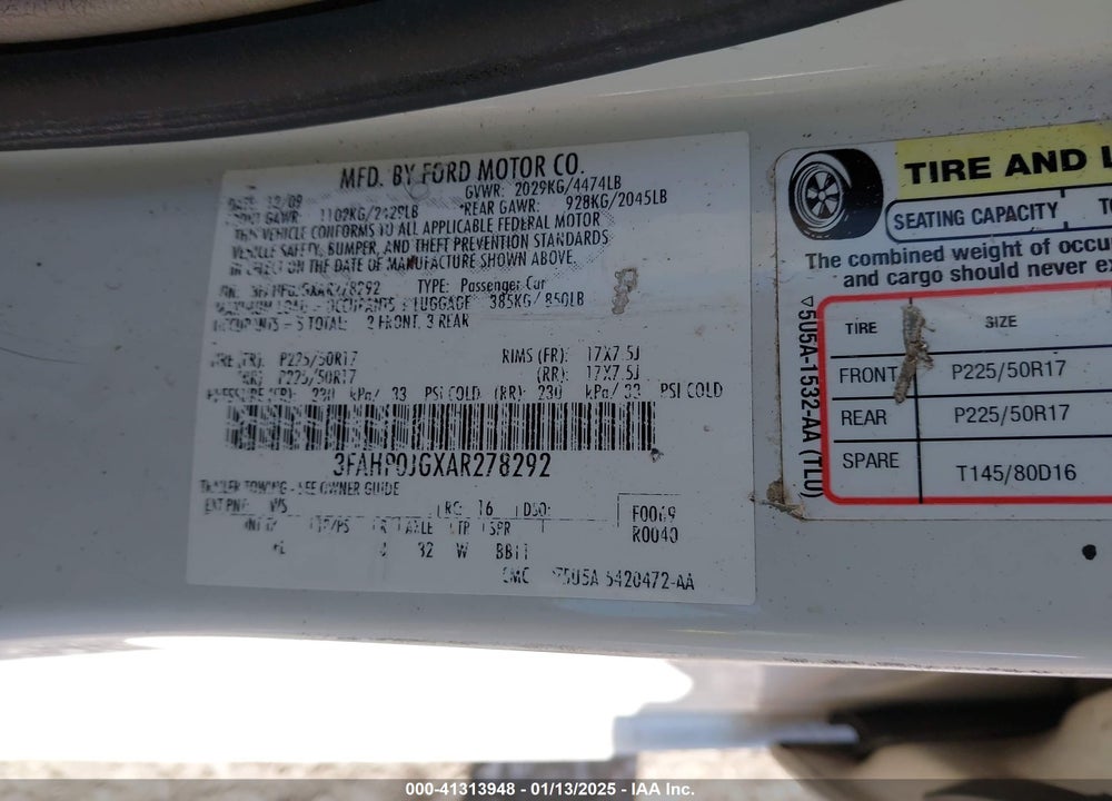 2010 FORD FUSION VIN: 3FAHP0JGXAR278292