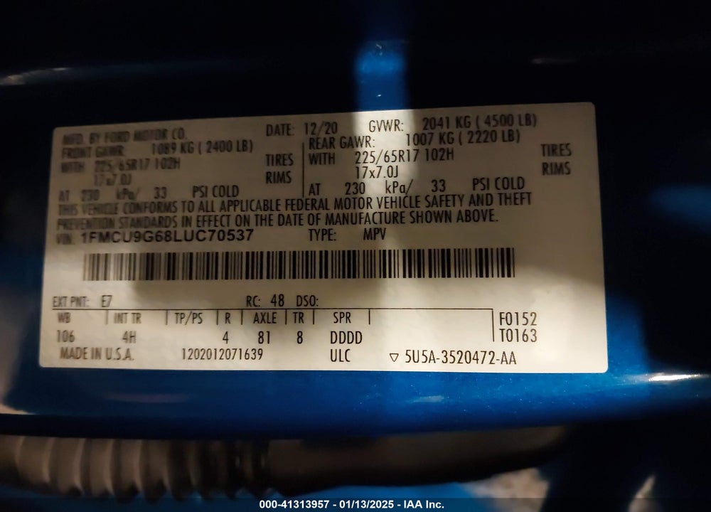 2020 FORD ESCAPE SE VIN: 1FMCU9G68LUC70537