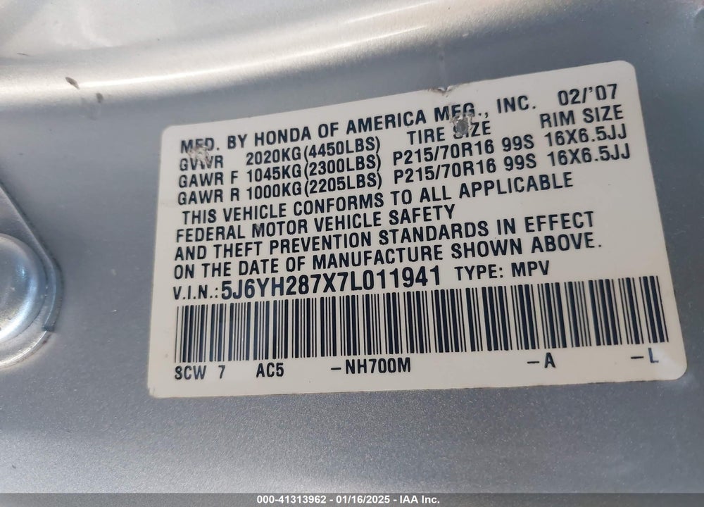 2007 HONDA ELEMENT EX VIN: 5J6YH287X7L011941