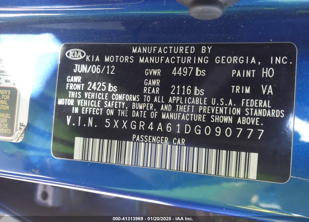 2013 KIA OPTIMA VIN: 5XXGR4A61DG090777