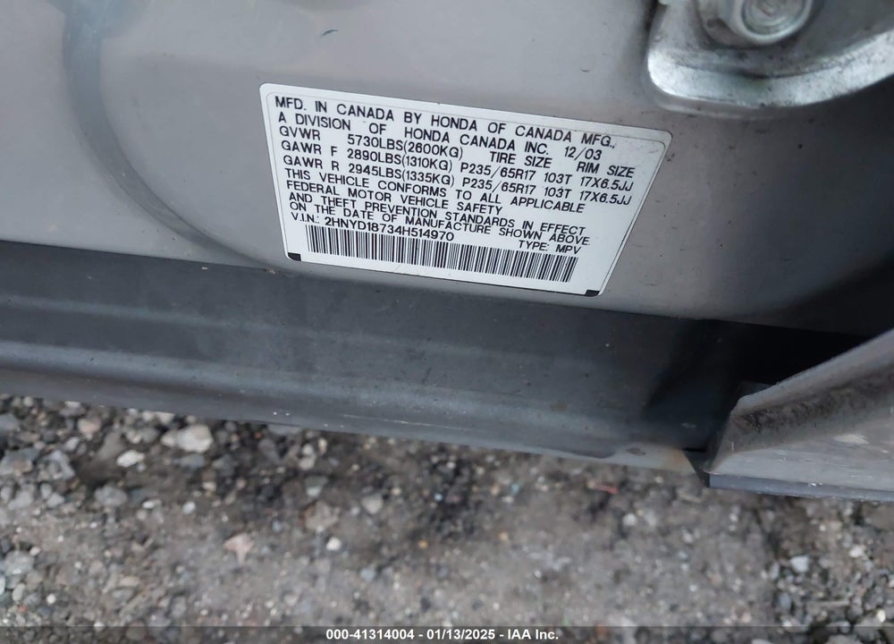 2004 ACURA MDX VIN: 2HNYD18734H514970