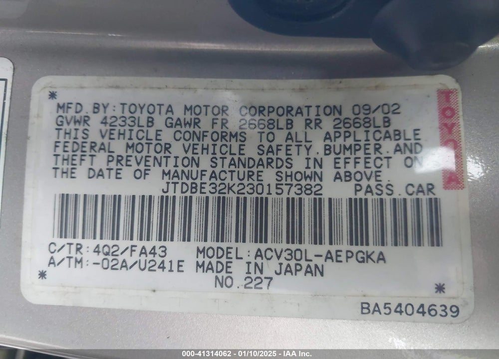 2003 TOYOTA CAMRY XLE VIN: JTDBE32K230157382