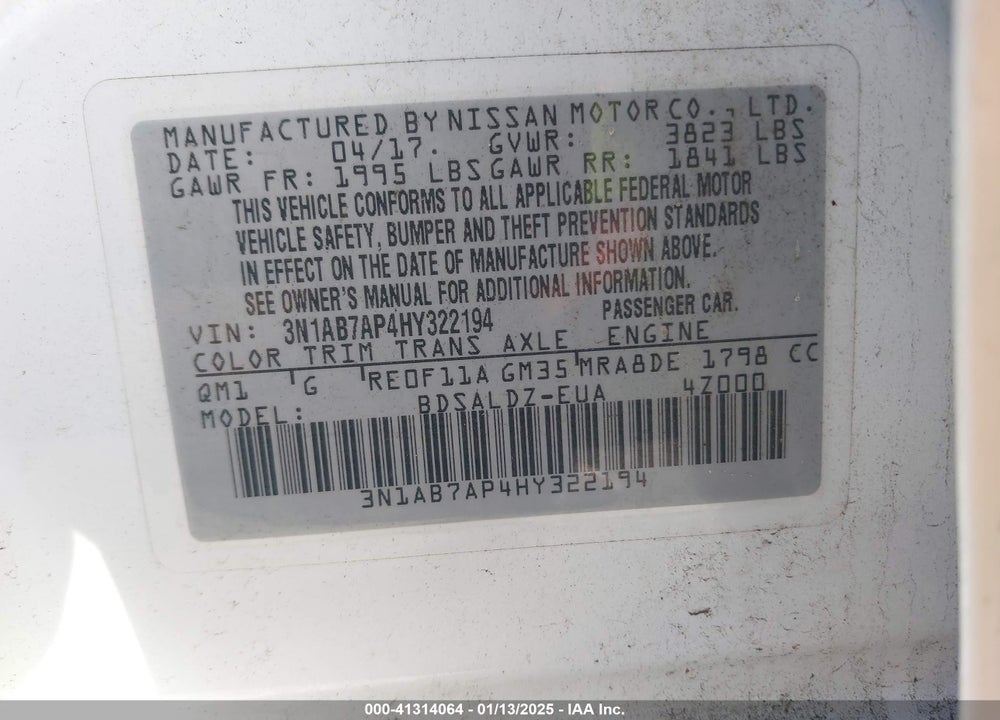 2017 NISSAN SENTRA SV VIN: 3N1AB7AP4HY322194