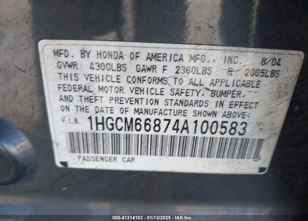 2004 HONDA ACCORD 3.0 EX VIN: 1HGCM66874A100583