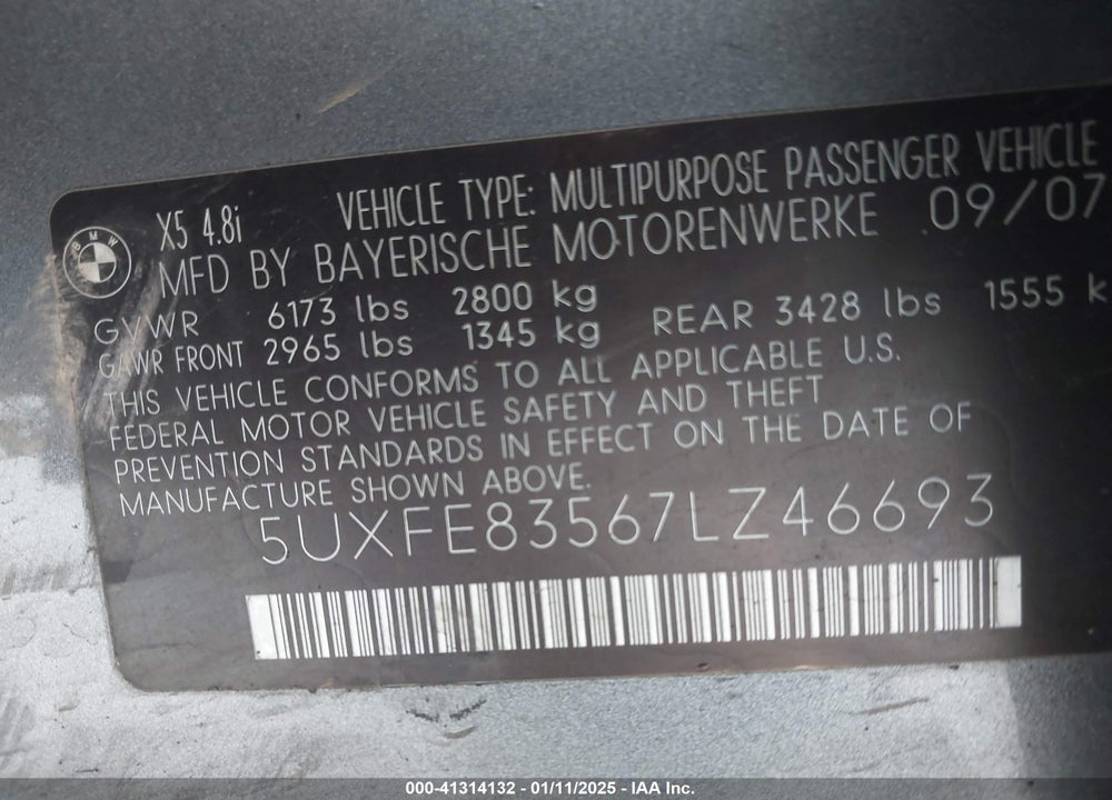 2007 BMW X5 4.8I VIN: 5UXFE83567LZ46693