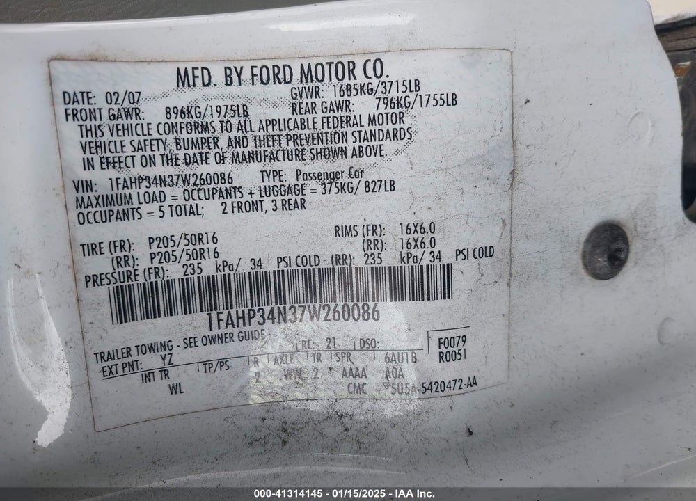 2007 FORD FOCUS VIN: 1FAHP34N37W260086