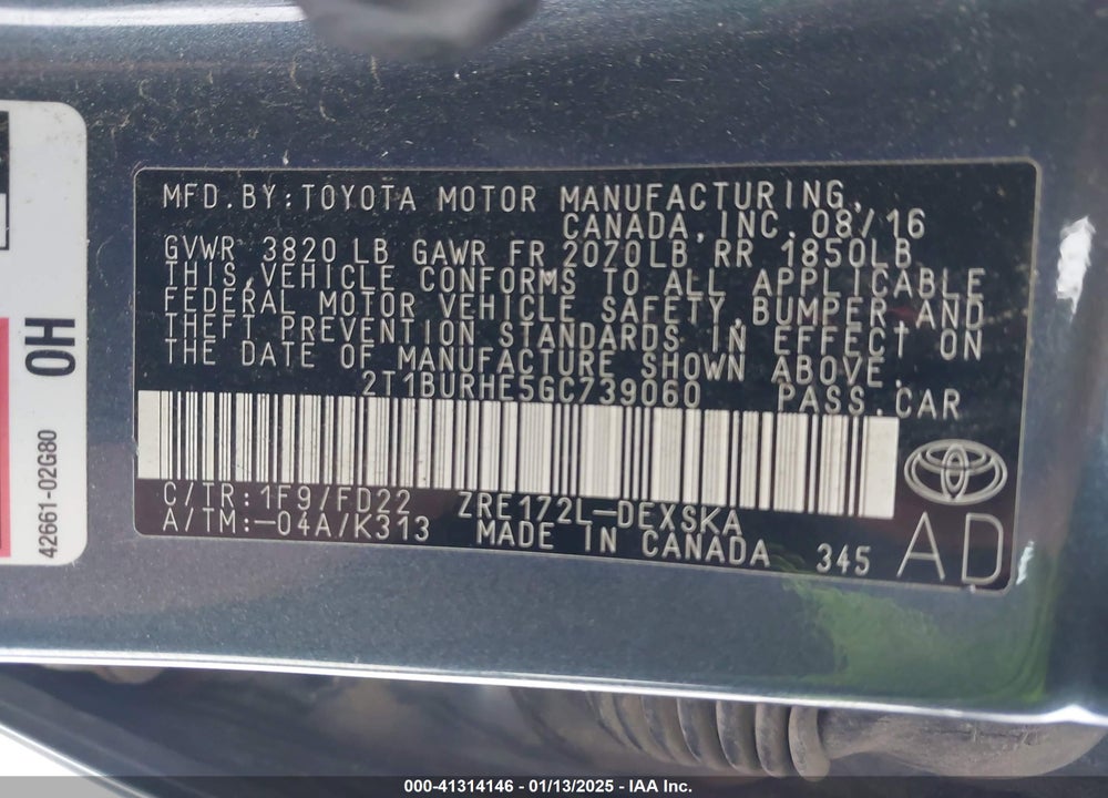 2016 TOYOTA COROLLA S PLUS VIN: 2T1BURHE5GC739060