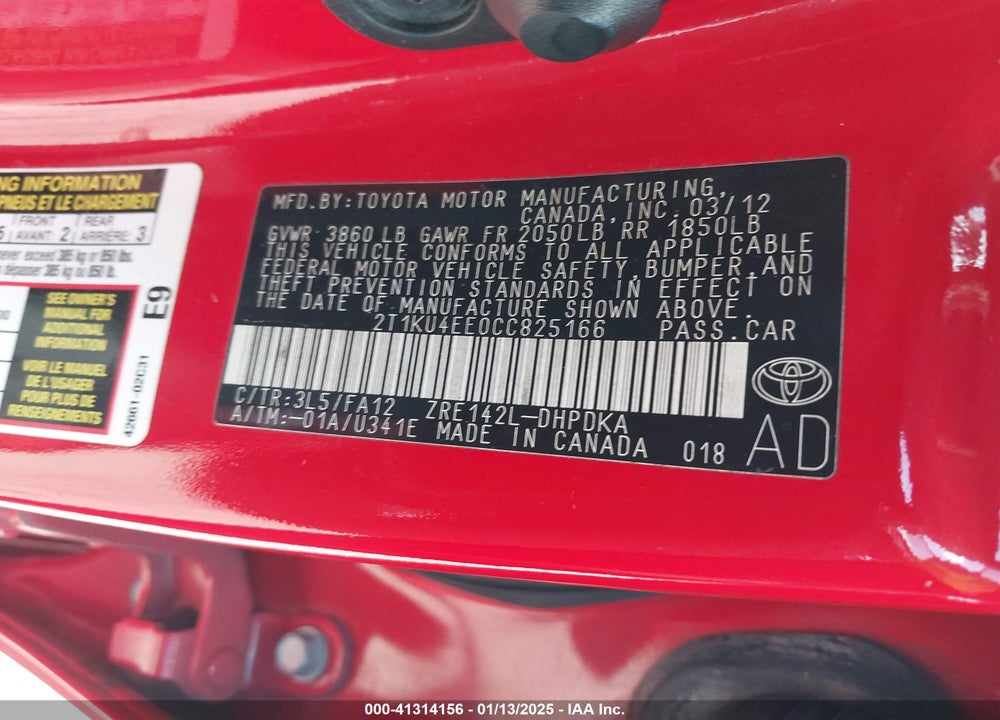 2012 TOYOTA MATRIX L VIN: 2T1KU4EE0CC825166