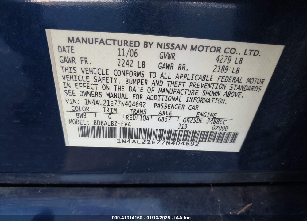 2007 NISSAN ALTIMA VIN: 1N4AL21E77N404692