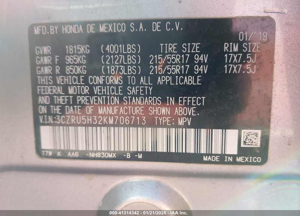 2019 HONDA HR-V LX VIN: 3CZRU5H32KM706713