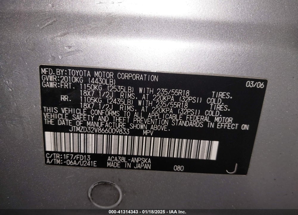 2006 TOYOTA RAV4 SPORT VIN: JTMZD32V866009833