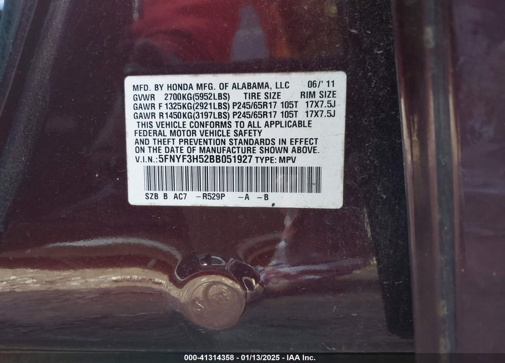 2011 HONDA PILOT EX-L VIN: 5FNYF3H52BB051927