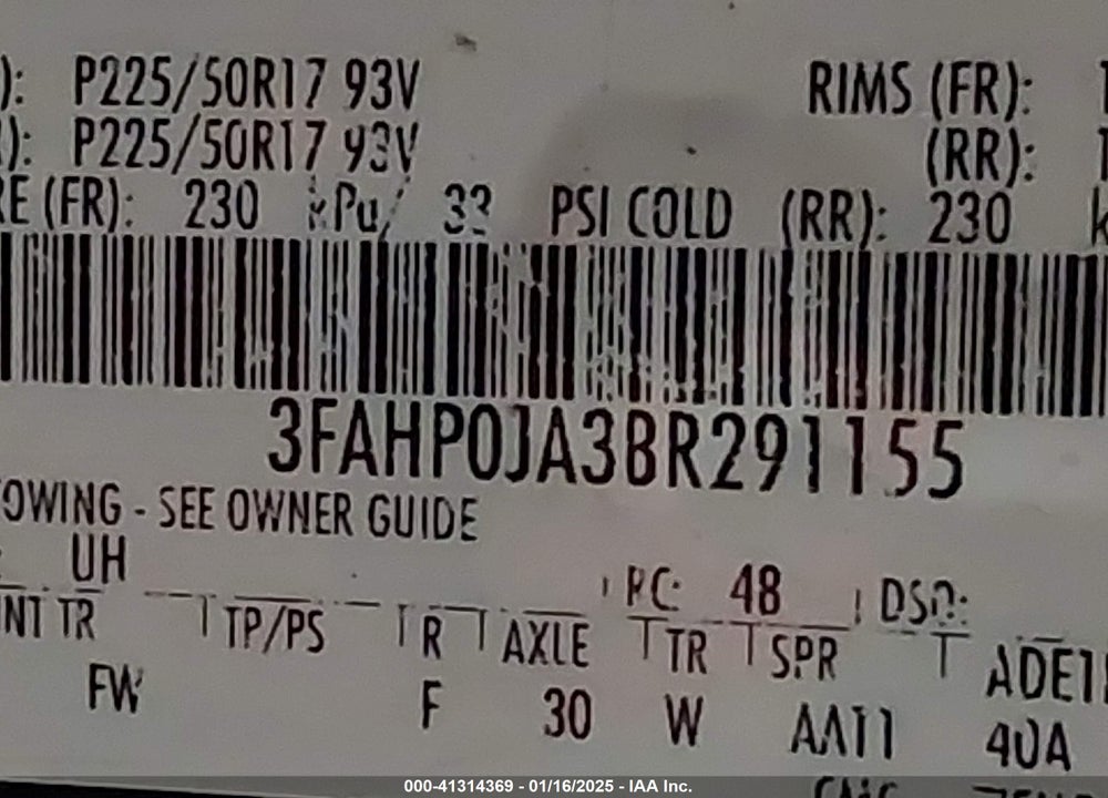 2011 FORD FUSION VIN: 3FAHP0JA3BR291155