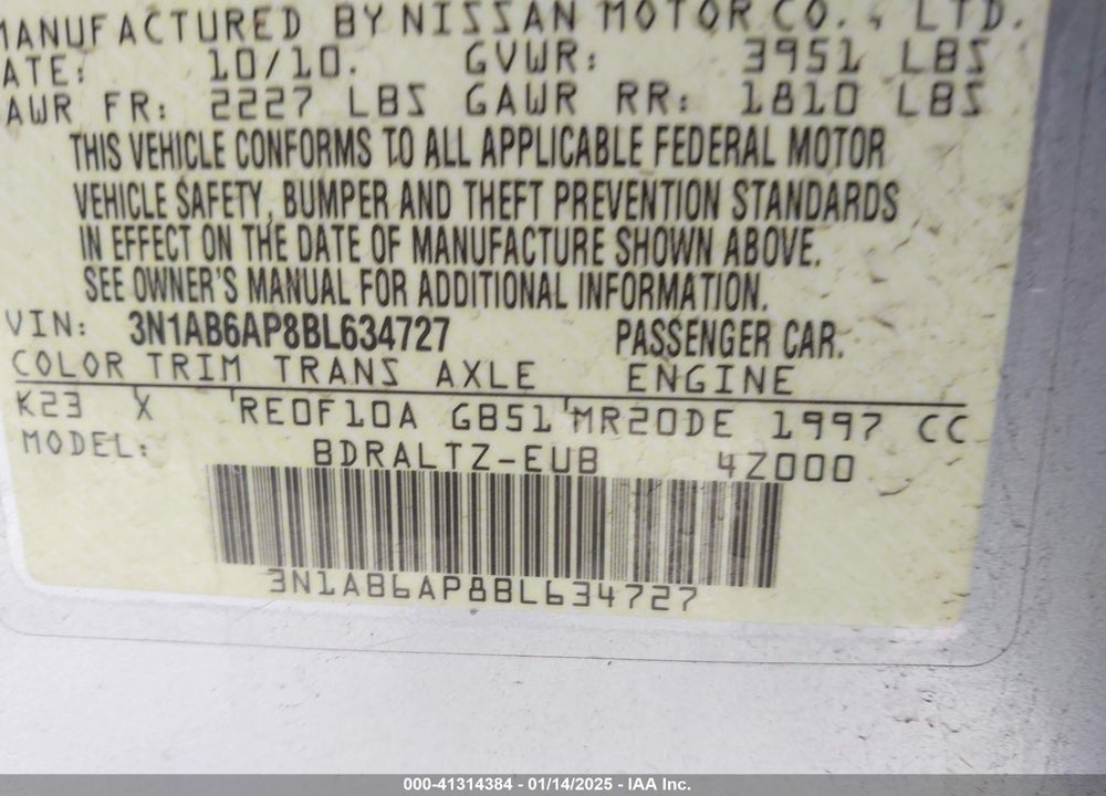 2011 NISSAN SENTRA 2.0SR VIN: 3N1AB6AP8BL634727