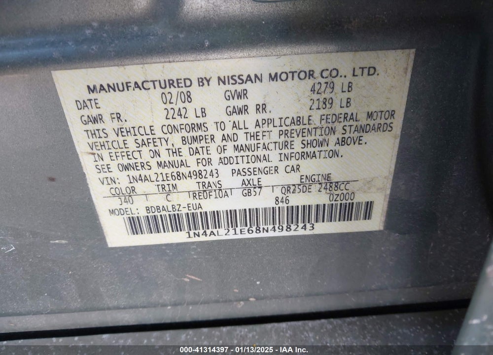 2008 NISSAN ALTIMA VIN: 1N4AL21E68N498243