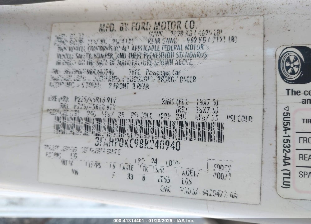2011 FORD FUSION SPORT VIN: 3FAHP0KC9BR240940