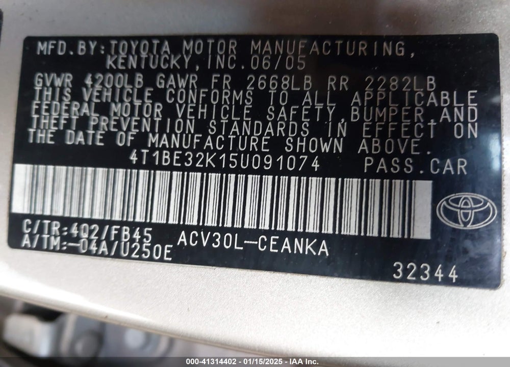 2005 TOYOTA CAMRY LE VIN: 4T1BE32K15U091074