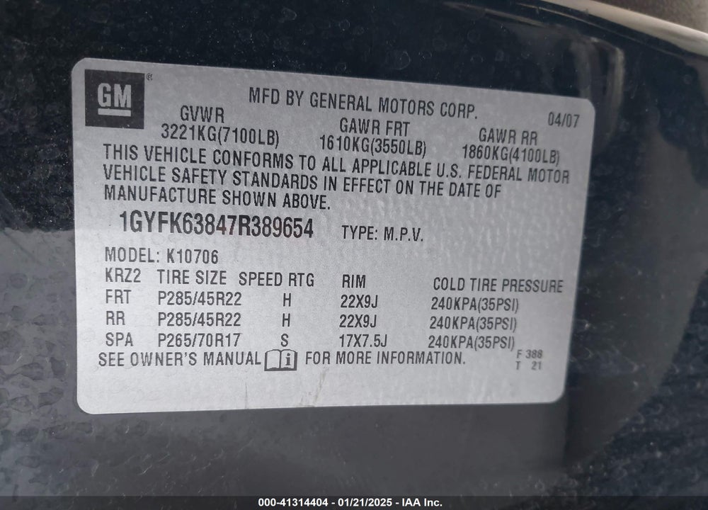 2007 CADILLAC ESCALADE STANDARD VIN: 1GYFK63847R389654